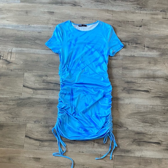 Tie Dye Baby Blue Aqua Bodycon Sexy Shirt Dress Mini Casual Short Sleeves - Picture 1 of 6